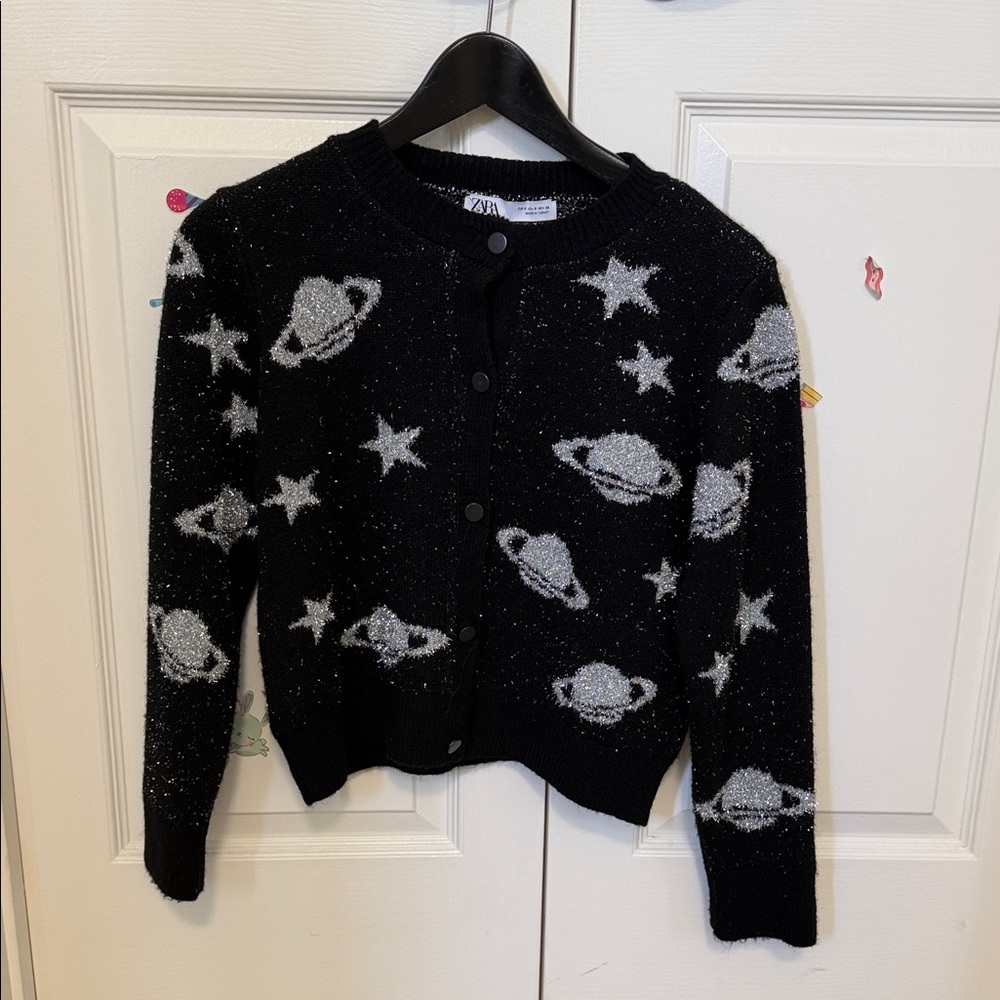 Zara Black Cardigan with Silver Planet & Star Motif